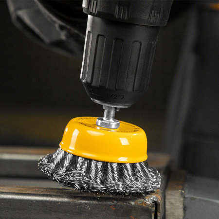 Щетка для дрели DENZEL, 65 мм, Чашка, со шпилькой, нержавеющая крученая проволока