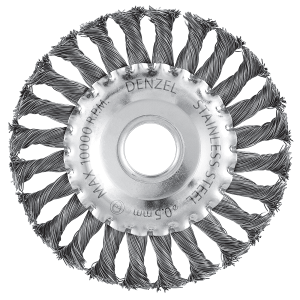 Щетка для УШМ DENZEL 746323, 125 мм, «плоская», крученая нержавеющая проволока 0.5 мм, посадка 22.2 мм