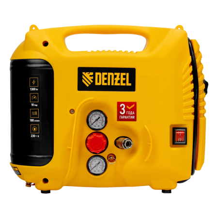 Компрессор воздушный DENZEL L1300, 10 бар, 1,3 кВт 180 л/мин 5 л, с набором аксессуаров
