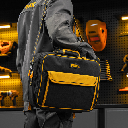 Сумка для инструмента DENZEL 400х170х300 мм, 3 отделения, 28 карманов, наплечный ремень