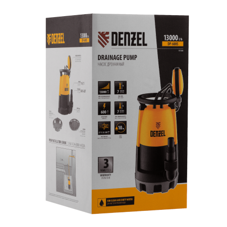 Дренажный насос DENZEL DP600S для чистой и грязной воды, 600 Вт, напор 7 м, 13000 л/ч