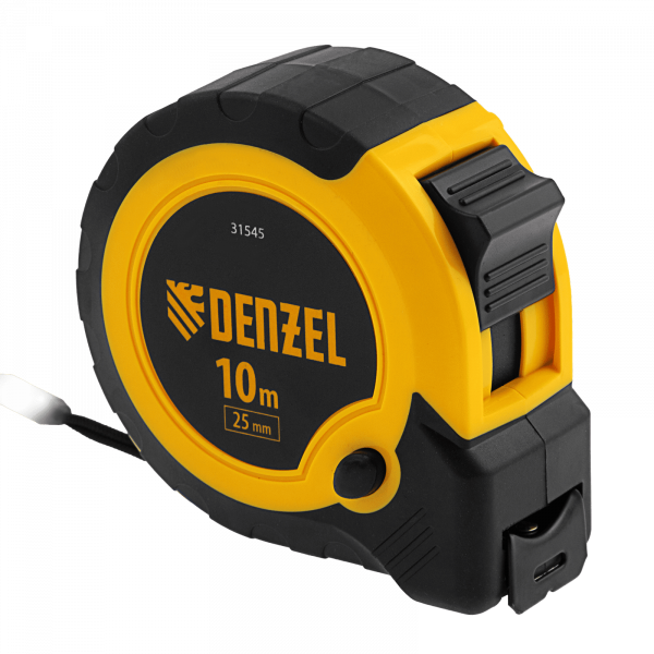 Рулетка DENZEL 10м х 25мм, двухкомп. корпус, кнопка-пауза