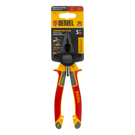 Плоскогубцы комбинированные DENZEL диэлектрические трехкомпонентные рукоятки до 1000 В, 180 мм Плоскогубцы комбинированные DENZEL диэлектрические трехкомпонентные рукоятки до 1000 В, 180 мм