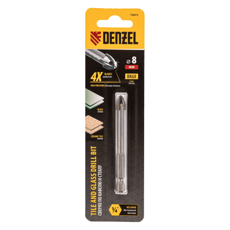 Сверло по керамической плитке DENZEL 8 мм, крестовая пластина, шестигранный хвостовик