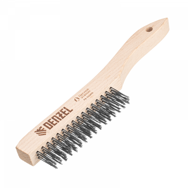 Щетка зачистная 3-х рядная DENZEL, прямая проволока из нержавеющей стали с деревянной ручкой, EFP