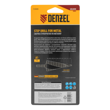 Сверло ступенчатое DENZEL, 4-6-8-10-12-14-16-18-20-22-24-26-28-30-32 мм, Р6М5, 6-гр. хвостовик