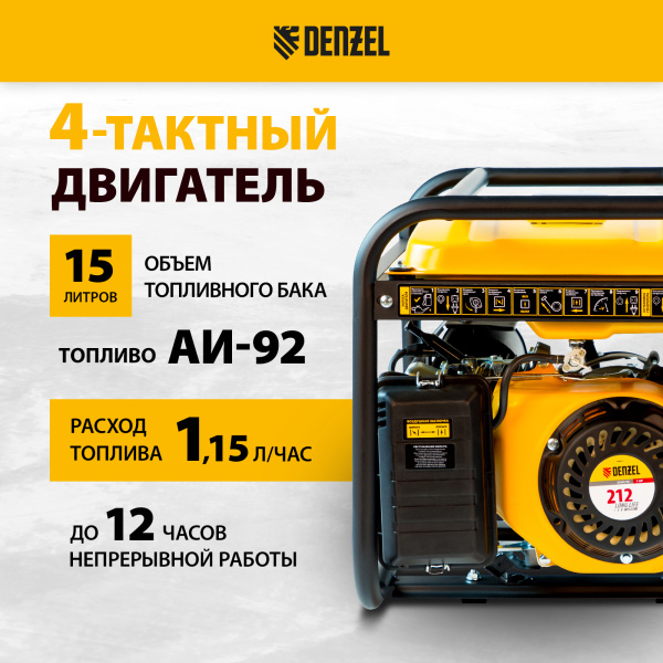Генератор бензиновый DENZEL PS 25, 2.5 кВт, 230 В, 15 л, ручной старт