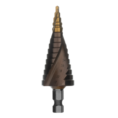 Сверло ступенчатое DENZEL, 4-6-8-10-12-14-16-18-20-22-24-26-28-30-32 мм, Р6М5К5, 6-гр. хвостовик