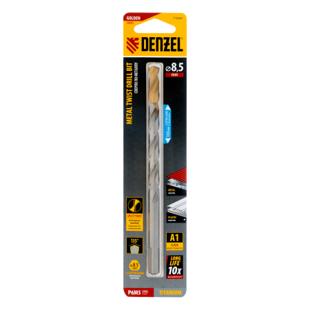 Сверло спиральное по металлу DENZEL 8,5 х 165 мм, Р6М5, Golden Tip, удлиненное