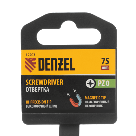 Отвертка DENZEL PZ0x75 мм, CrV, трехкомпонентная рукоятка