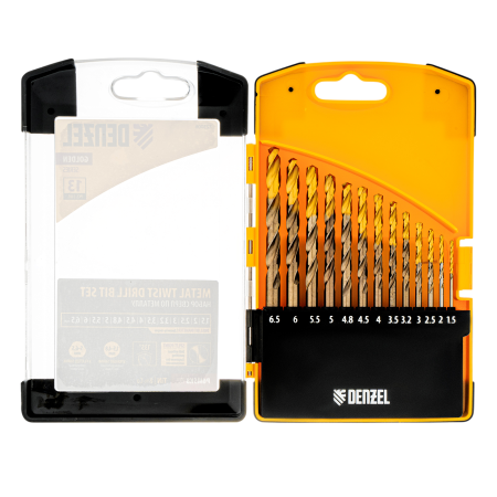 Набор сверл по металлу DENZEL, 1,5-6,5мм, Р6М5К8-TiN, Golden Tip, 13 шт