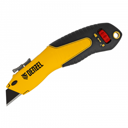 Нож DENZEL 19мм, сменное трапециевидное лезвие, SK4, алюминиевый корпус, торцевой зажим Нож DENZEL 19мм, сменное трапециевидное лезвие, SK4, алюминиевый корпус, торцевой зажим