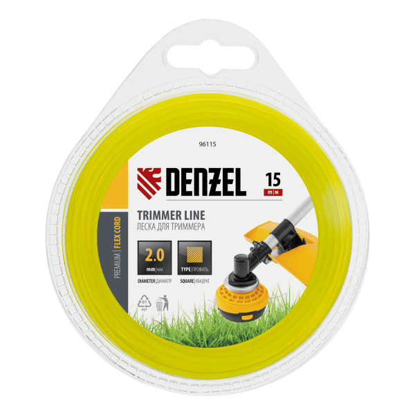 Леска для триммера DENZEL Flex Сord 96115, 2 мм x 15 м, квадратная, блистер