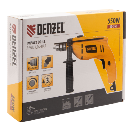 Ударная дрель DENZEL ID-550, 550 Вт, 0-2900 об/мин, 46400 уд/мин