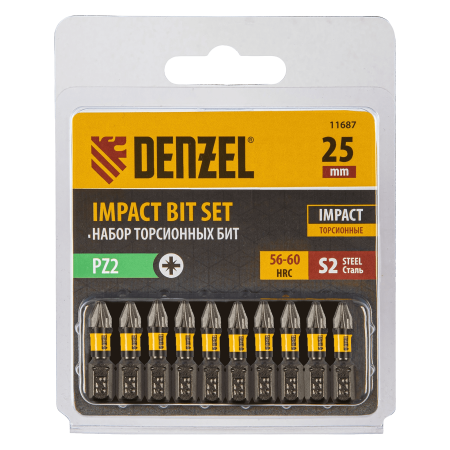 Бита DENZEL IMPACT, PZ2x25 мм, лазерная обработка шлица, сталь S2, 10 шт., Е 6,3