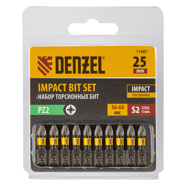 Бита DENZEL IMPACT, PZ2x25 мм, лазерная обработка шлица, сталь S2, 10 шт., Е 6,3