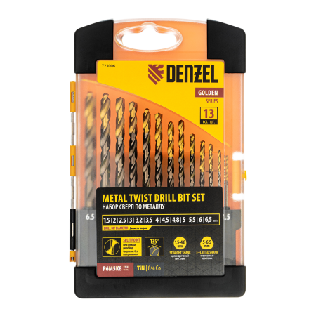 Набор сверл по металлу DENZEL, 1,5-6,5мм, Р6М5К8-TiN, Golden Tip, 13 шт