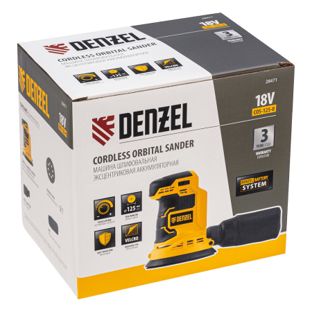 Машина шлифовальная эксцентриковая аккумуляторная DENZEL COS-125-0, 18В Li-Ion Машина шлифовальная эксцентриковая аккумуляторная DENZEL COS-125-0, 18В Li-Ion
