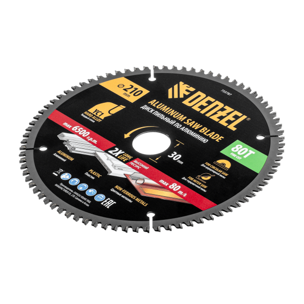 Пильный диск по алюминию DENZEL ф210 х 30 мм, 80 зубьев