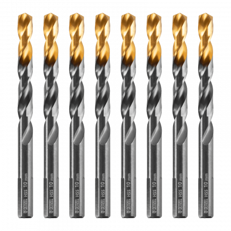Сверло по металлу DENZEL 10 мм, HSS-Tin, Golden Tip, 8 шт.