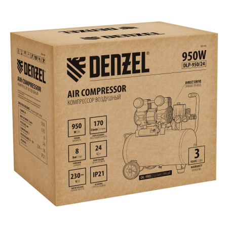Компрессор безмасл. малошумный DENZEL DLP-950/24, 950Вт,24 л, 2850 об/мин, 170 л/мин Компрессор безмасл. малошумный DENZEL DLP-950/24, 950Вт,24 л, 2850 об/мин, 170 л/мин
