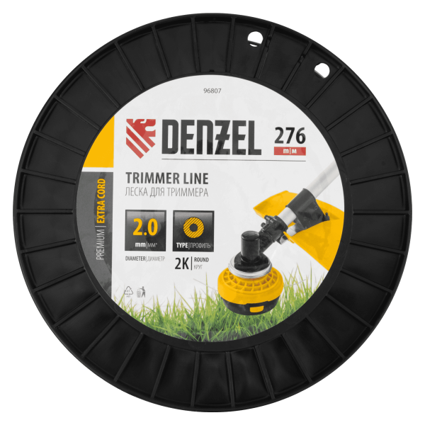 Леска для триммера DENZEL двухкомпонентная круглая, 2,0мм х 276м, на DIN катушке EXTRA CORD