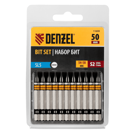Бита DENZEL SL5,0х50, сталь S2, шестигранный профиль, 10 шт. Е 6,3