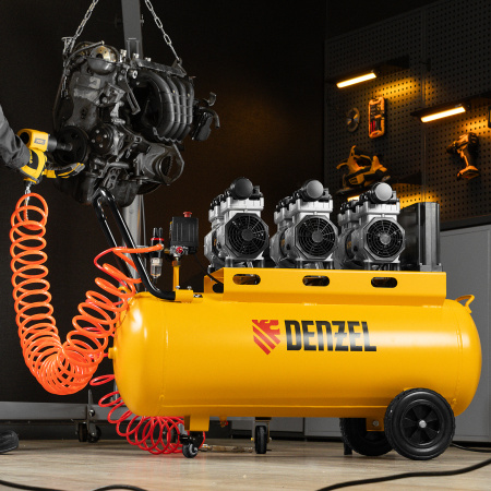 Компрессор безмасляный, малошумный DENZEL DLS 2250/100, 2250 Вт, 3x750, 100 л, 410 л/мин блок управления/ Denzel