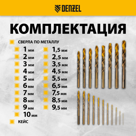 Набор сверл по металлу DENZEL, 1-10 мм, Р6М5К8-TiN, Golden Tip, 19 шт