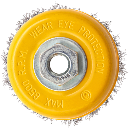 Щетка для УШМ DENZEL 746053, 100 мм, «чашка», витая нержавеющая проволока 0.3 мм, М14