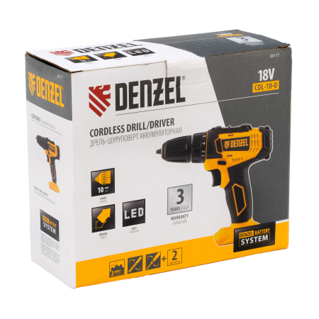 Дрель-шуруповерт аккумуляторная DENZEL CDL-18-0, Li-Ion, 18 В