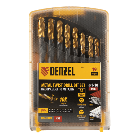 Набор сверл по металлу DENZEL 1-10 мм, HSS-Tin, Golden Tip, 19 шт