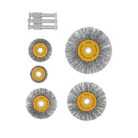 Набор щеток для дрели DENZEL, 5 Плоских 25-38-50-63-75 мм, шпилька, нерж. вит. проволока