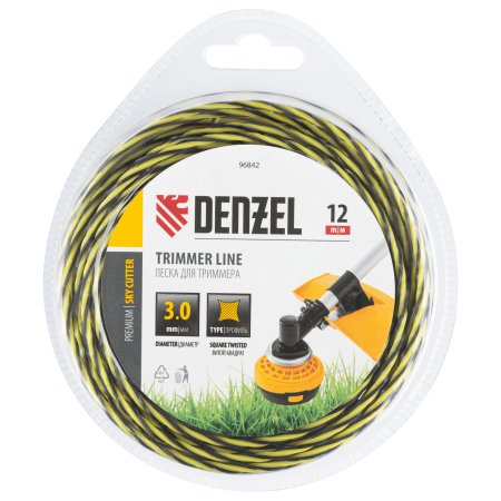 Леска для триммера DENZEL двухкомпонентная витая квадратная, 3,0мм х 12м, блистер SkyCutter