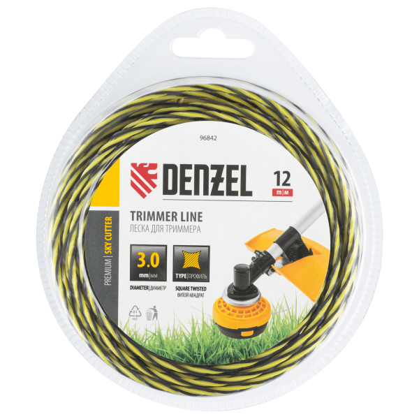 Леска для триммера DENZEL двухкомпонентная витая квадратная, 3,0мм х 12м, блистер SkyCutter