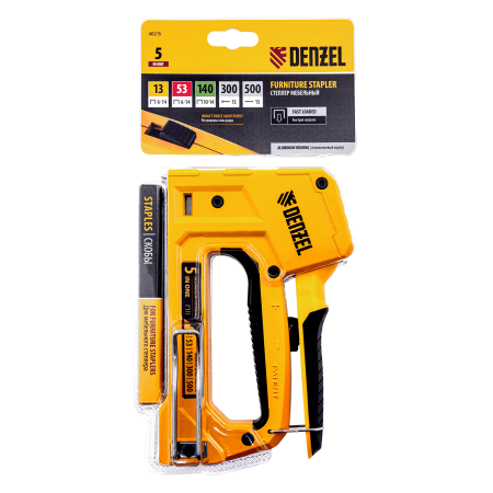 Степлер мебельный DENZEL тип 53 и 13, 6-14мм, тип 140, 10-14мм, тип 300, 15мм, тип 500, 15мм