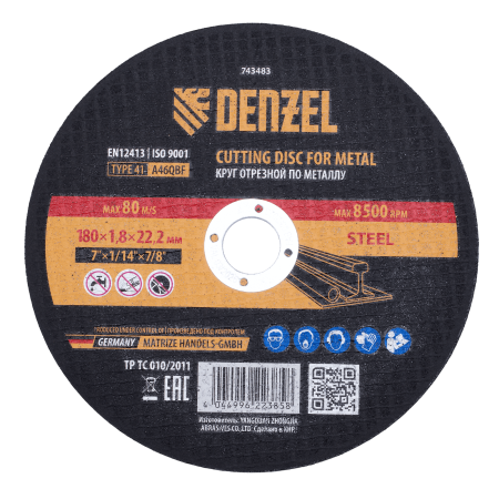 Круг отрезной по металлу DENZEL 180 х 1,8 х 22,2 мм, A46QBF