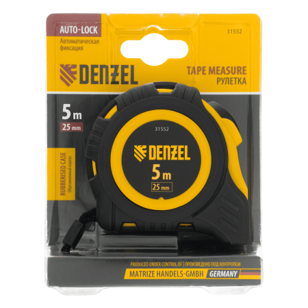 Рулетка DENZEL 5м х 25мм, обрезиненный корпус, автоматическая фиксация