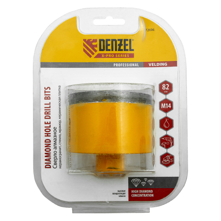 Сверло алмазное по керамограниту DENZEL 72696, 82 мм, М14, мокрая резка