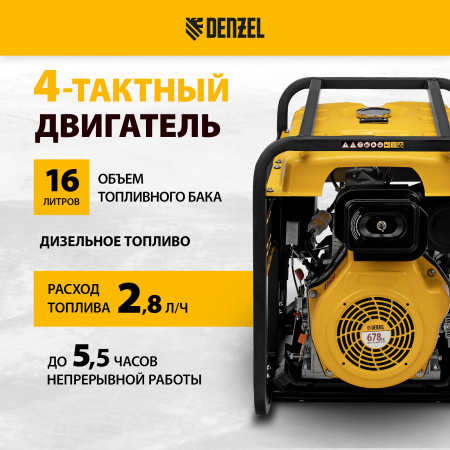 Генератор дизельный DENZEL DES-85E, 8,5 кВт, 230 В, 16 л, электростартер