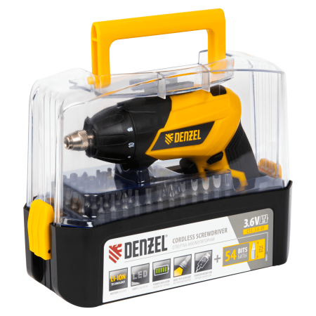 Отвертка DENZEL CSL-3.6-01, с аккумулятором 3.6 В Li-Ion, 1.3 Ач, 200 об/мин, с аксессуарами Отвертка DENZEL CSL-3.6-01, с аккумулятором 3.6 В Li-Ion, 1.3 Ач, 200 об/мин, с аксессуарами