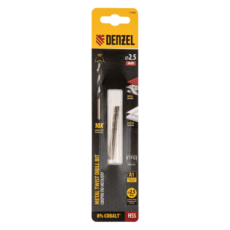 Сверло по металлу DENZEL 2,5 мм, HSS Co-8%, 2 шт.