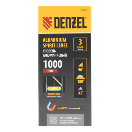 Уровень алюминиевый DENZEL магнит., фрезерованный, 3 глазка (1 зеркал.), 0,5 мм/м, 1000 мм