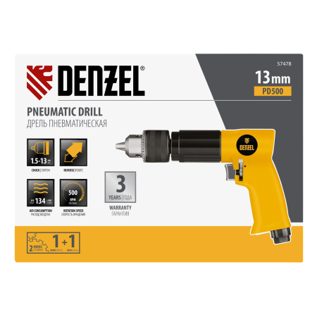 Дрель пневматическая DENZEL PD500, 500 об/мин, 114 л/мин, 13 мм