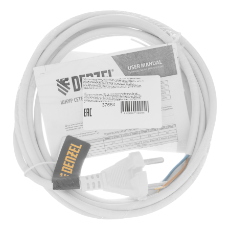 Шнур сетевой Energy Series DENZEL, ПВС, 3 м, 2 x 1 мм, с неразборной вилкой, белый