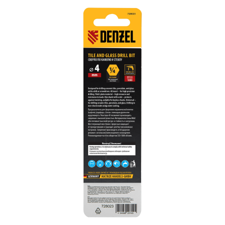 Сверло по керамической плитке DENZEL 4 мм, крестовая пластина, шестигранный хвостовик