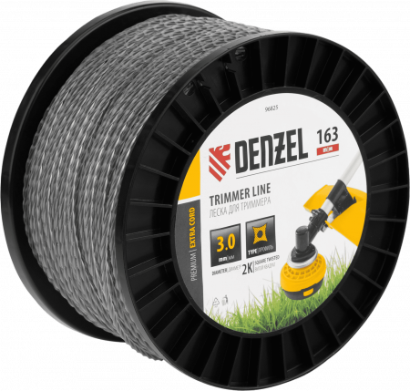 Леска для триммера DENZEL двухкомпонентная витой квадрат, 3,0мм х 163м, на DIN катушке EXTRA CORD