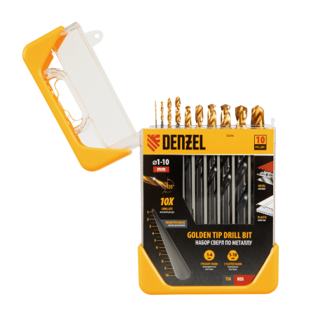 Набор сверл по металлу DENZEL 1-10 мм, HSS-Tin, Golden Tip, 10 шт