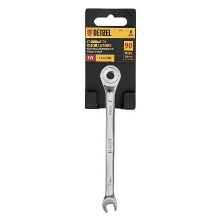 Ключ комбинированный трещоточный DENZEL, 6 мм, CrV, матовый хром