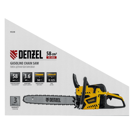 Пила цепная бензиновая DENZEL DS-5820, шина 50 см, 58 см3, 3.6 л.с, шаг 0,325, 76 звеньев